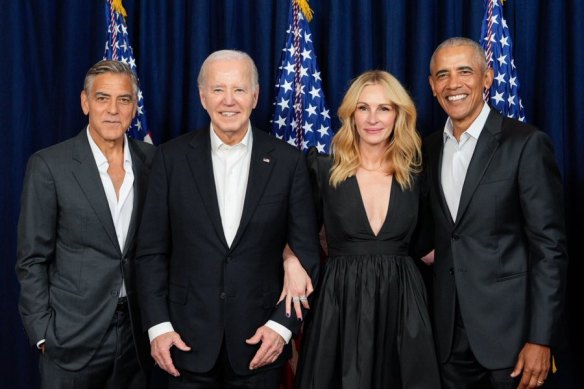 George Clooney, Joe Biden, Julia Roberts and Barack Obama at the June fundraiser.
