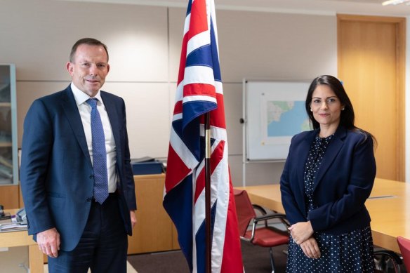 Former prime minister Tony Abbott with British Home Secretary Priti Patel in September 2020. The UK offshore plan is modelled on Australia’s Pacific solution. 