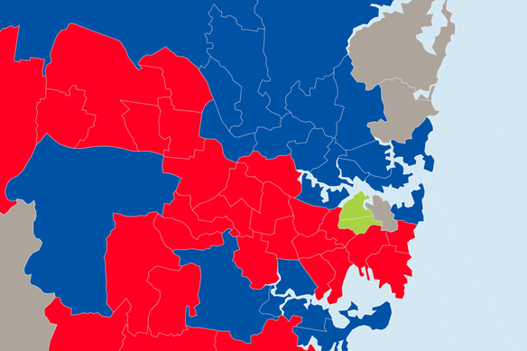 Sydney toll roads by electorate. Blue electorates are Coalition, red is Labor, green is Greens and grey is independents. 