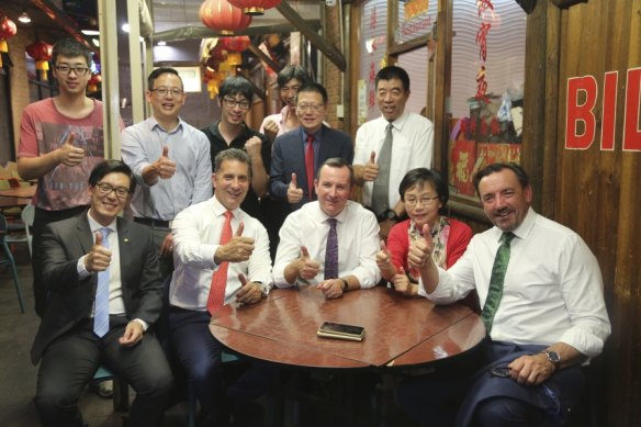 WA Premier Mark McGowan (centre) with former Chinese consul-general Dong Zhihua (second from right) Australian Chinese Times owner Edward Zhang and Chung Wah president Ting Chen standing behind him.