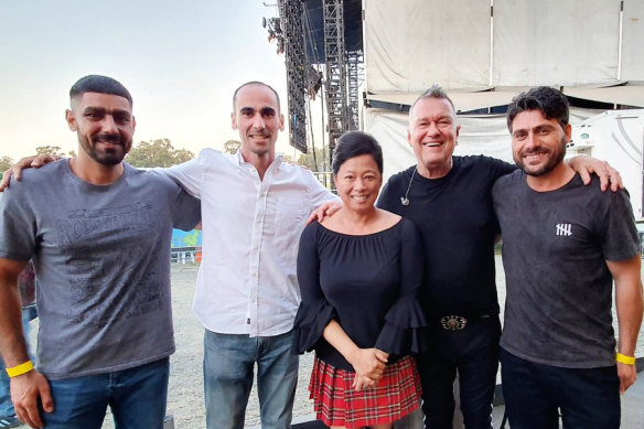 A little bit of daylight: Jamil Mirzaee, Moz Azimitabar, Jane and Jimmy Barnes, and Farhad Bandesh at Rochford Winery. The men attended the show at the personal invitation of the Barnes family.