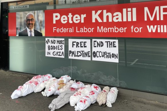 Fake bodies outside Labor MP Peter Khalil’s electorate office in Coburg in Melbourne’s north.