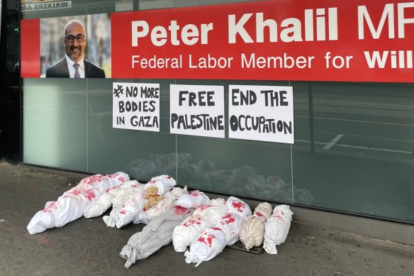 Fake bodies outside Labor MP Peter Khalil’s electorate office in Coburg in Melbourne’s north.