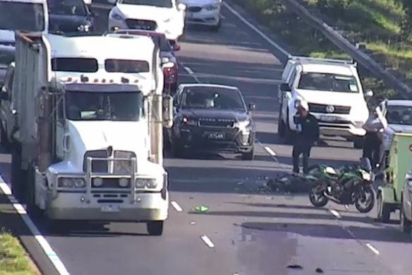 A motorcyclist is in serious condition in hospital after crashing into the back of a truck on Tuesday morning.