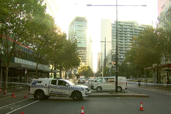 Police at the scene of the stabbing in Docklands. 