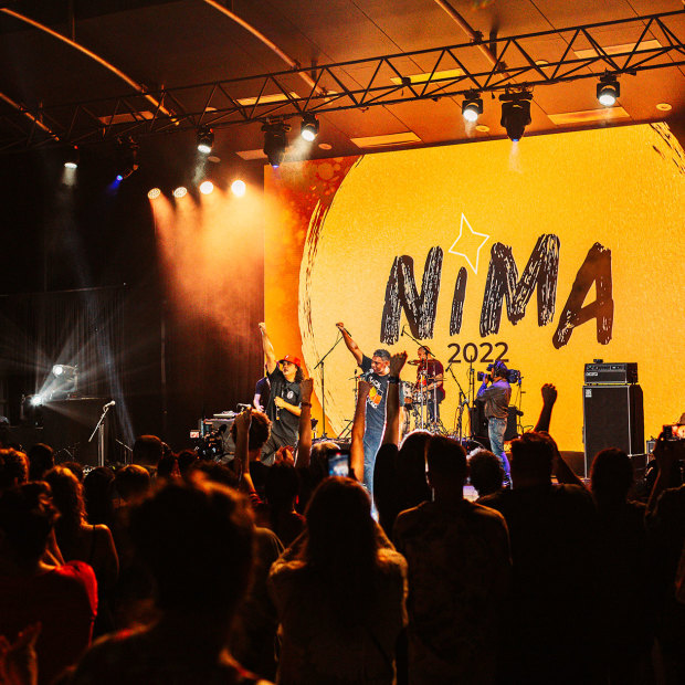 Rapper Birdz and Butchulla songman Fred Leone perform at the National Indigenous Music Awards 2022.