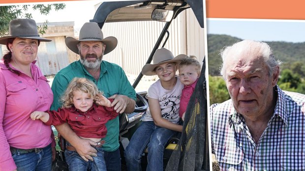 Alinta Energy pursued 80-year-old David White (right), and his family (left) for bankruptcy while bushfires threatened their dairy farm in King Valley in Victoria's High Country. Picture: Ron Ekkel