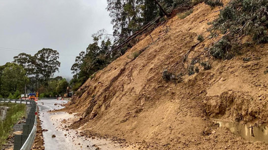 The slow-moving landslide that has closed Bogong High Plains Road after heavy rain last year.