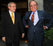 In happier times: Kevin Rudd meeting with media magnate Rupert Murdoch in New York in 2008.
