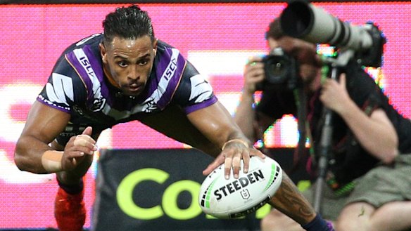 Josh Addo-Carr scores a try for Melbourne Storm.