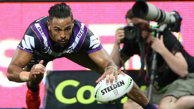 Josh Addo-Carr scores a try for Melbourne Storm.