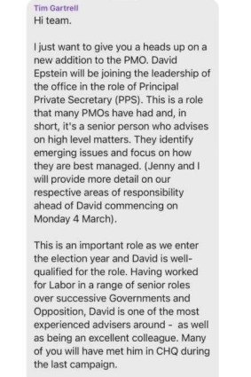 The leaked text message from Prime Minister Anthony Albanese’s chief of staff Tim Gartrell.