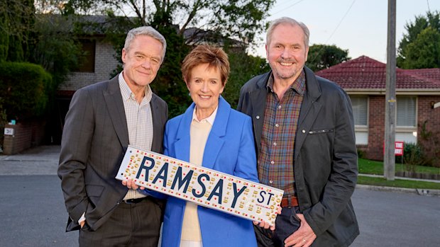 Stefan Dennis, Jackie Woodburne and Alan Fletcher in the final episode of Neighbours.