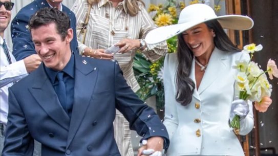 Callum Turner and Dua Lipa leaving the registry office following their wedding at the weekend. 