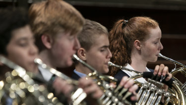 St Andrew's Cathedral School French horn player Natalie Newman (far right).