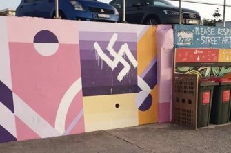 A swastika was painted over a mural along Bondi Beachâs promenade in 2019.