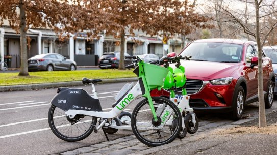 Lime’s “Gen4” e-bike and e-scooters on the streets of Melbourne.