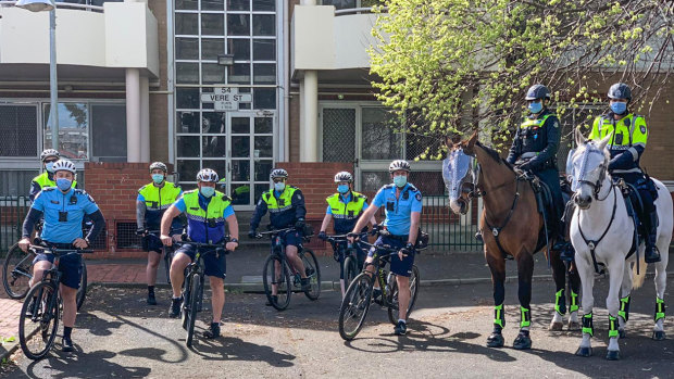 Mounted Victoria Police officers and those from Bike Patrol in Collingwood this week.