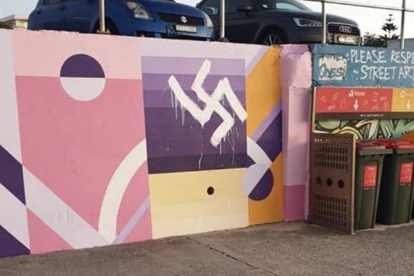 A swastika was painted over a mural along Bondi Beach’s promenade in 2019.