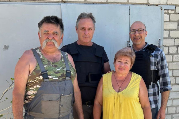 In Kupiansk at the front with the town under heavy artillery shelling. Locals Antonly and Luba, James Baillieu and Ukrainian-Australian journalist Julian Krysh.