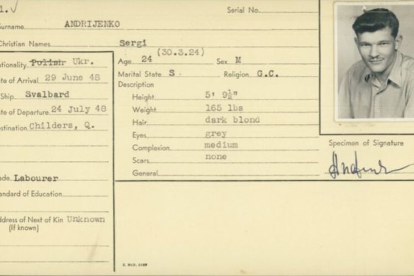 Sergi Andrijenko’s identity card, issued at the Bonegilla Migrant Reception Centre near Wodonga in 1948.
