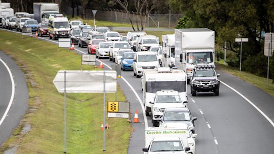 News. QLD Border Opening. Traffic cues on the Gold Coast Highway as the Queensland border re-opens today. Picture by Paul Harris. Friday 10 July 2020 .