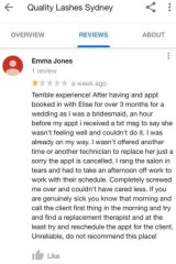 One of the negative reviews of Elise VonTea's Quality Lashes business.