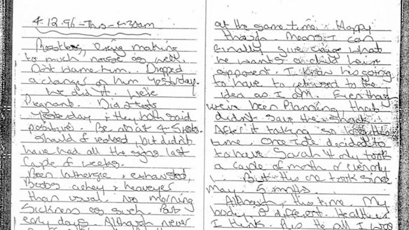 Folbigg's December 4, 1996, diary entry in which she said "I know now that battling wills and sleep deprivation were the causes" of her children's deaths.