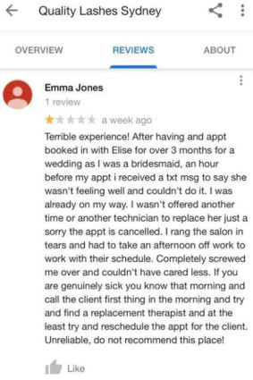 One of the negative reviews of Elise VonTea's Quality Lashes business.