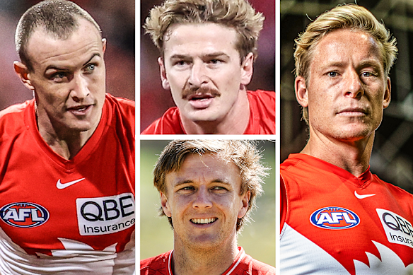 Clockwise from left: Swans players Chad Warner, Riley Bice, Isaac Heeney and James Jordon.