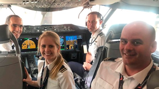 Pictured (L-R) Captain Michael King, Second Officer Shelley Kent, First Officer Ben Jenkins, First Officer Glen Oakey. The Qantas flight crew flew 150 Australians and thousands of kilograms of protective medical equipment from London to Melbourne.
