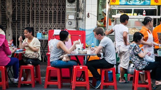 A classic Thai street food market on Yaowarat Road in Bangkok’s Chinatown neighbourhood.