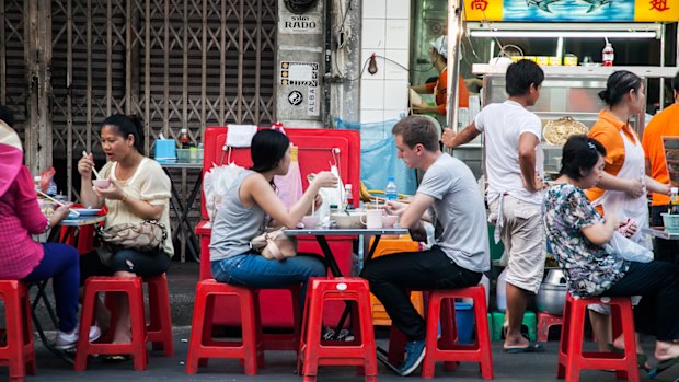 A classic Thai street food market on Yaowarat Road in Bangkok’s Chinatown neighbourhood.