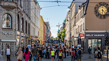 People enjoying the summer at central station street in Oslo, Norway
