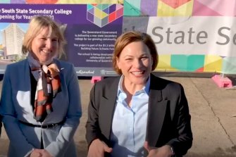 Former deputy premier Jackie Trad (right) with Kirsten Ferdinands, who eventually became Brisbane South State Secondary College principal.