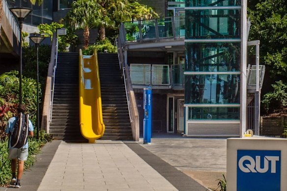 An April Fool’s Day post by QUT, claiming a flight of stairs at its Kelvin Grove campus would get a slide.