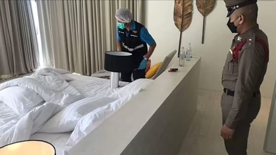 Thai Forensic Police inspect the room where Shane Warne was discovered unresponsive and later died from a suspected heart attack.