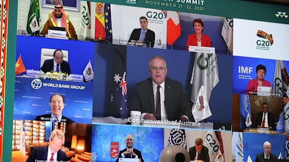 Prime Minister Scott Morrison and world leaders during the virtual G20 summit. 
