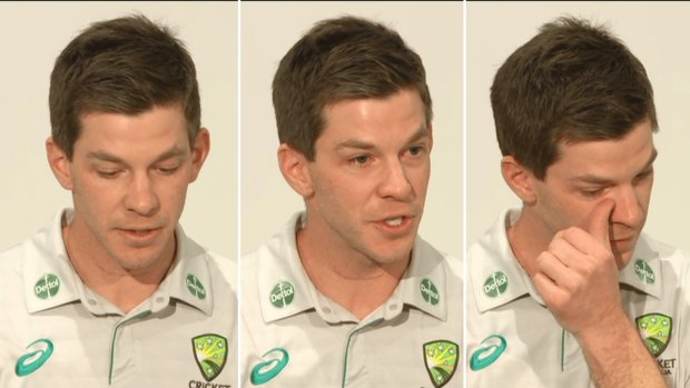 Tim Paine at the press conference in which he resigned as Australia’s Test captain.