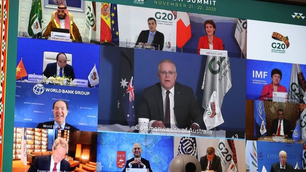 Prime Minister Scott Morrison and world leaders during the virtual G20 summit. 