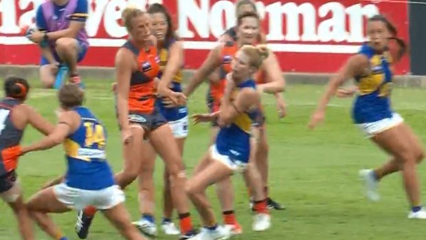 West Coast Eagles AFLW star Dana Hooker cops a nasty boot to the throat against GWS.