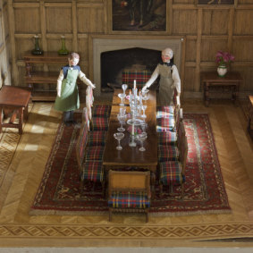View of Pendle Hall Dolls' House Room 13, Dining Room, on the 2nd Floor (entrance level), with furniture and accessories.