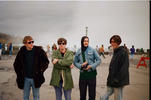Damon Albarn, Graham Coxon, Blur’s lighting director Dave Byars and Alex James in a photo from <i>No One You Know</i>.