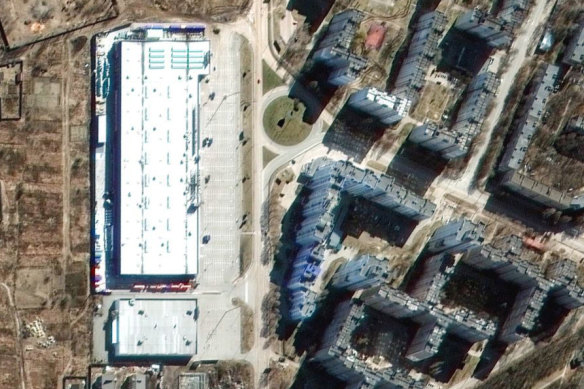 This satellite image shows the Epicentr K shopping centre (at left) in Chernihiv before it was bombed.