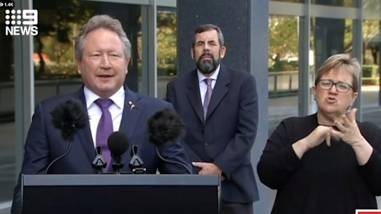 Andrew Forrest addresses reporters about a deal brokered by Minderoo Foundation to equip the WA government with 90 tonnes of medical supplies.