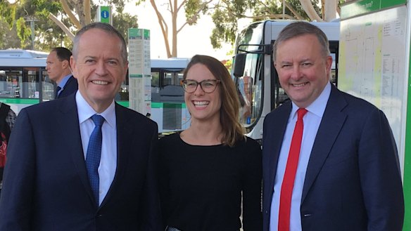 Former Hasluck Labor candidate Lauren Palmer with Opposition Leader Bill Shorten and Shadow Transport and Infrastructure Minister Anthony Albanese.