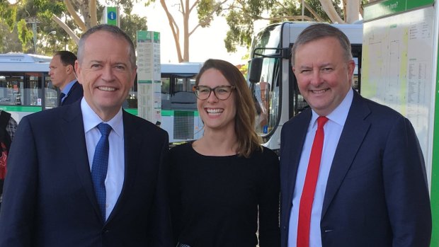 Former Hasluck Labor candidate Lauren Palmer with Opposition Leader Bill Shorten and Shadow Transport and Infrastructure Minister Anthony Albanese.