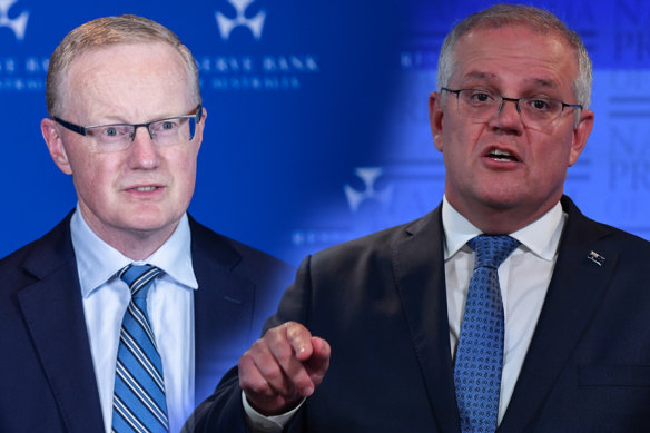 RBA governor Philip Lowe, left, and PM Scott Morrison. There is now a tension between the policy objective of the Morrison government and the policy commitments of the RBA.