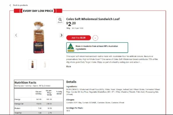 A product listing from Coles used in the research. The researchers said this listing contains country of origin and allergen info, but the nutritional information panel is not fully visible without scrolling, and the health star rating is not on the page.