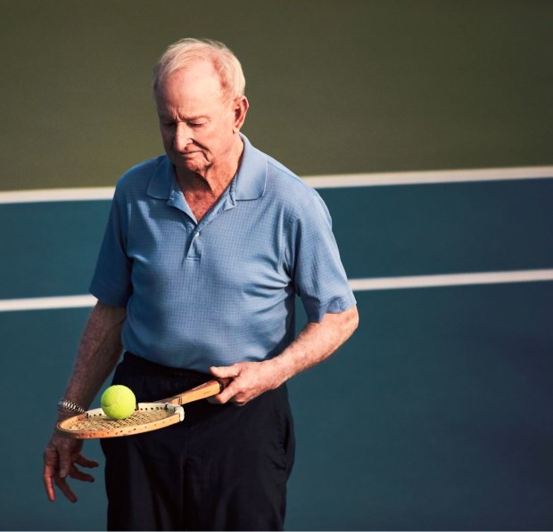 Laver today. Arthritis in his left wrist prevents him from playing tennis. 